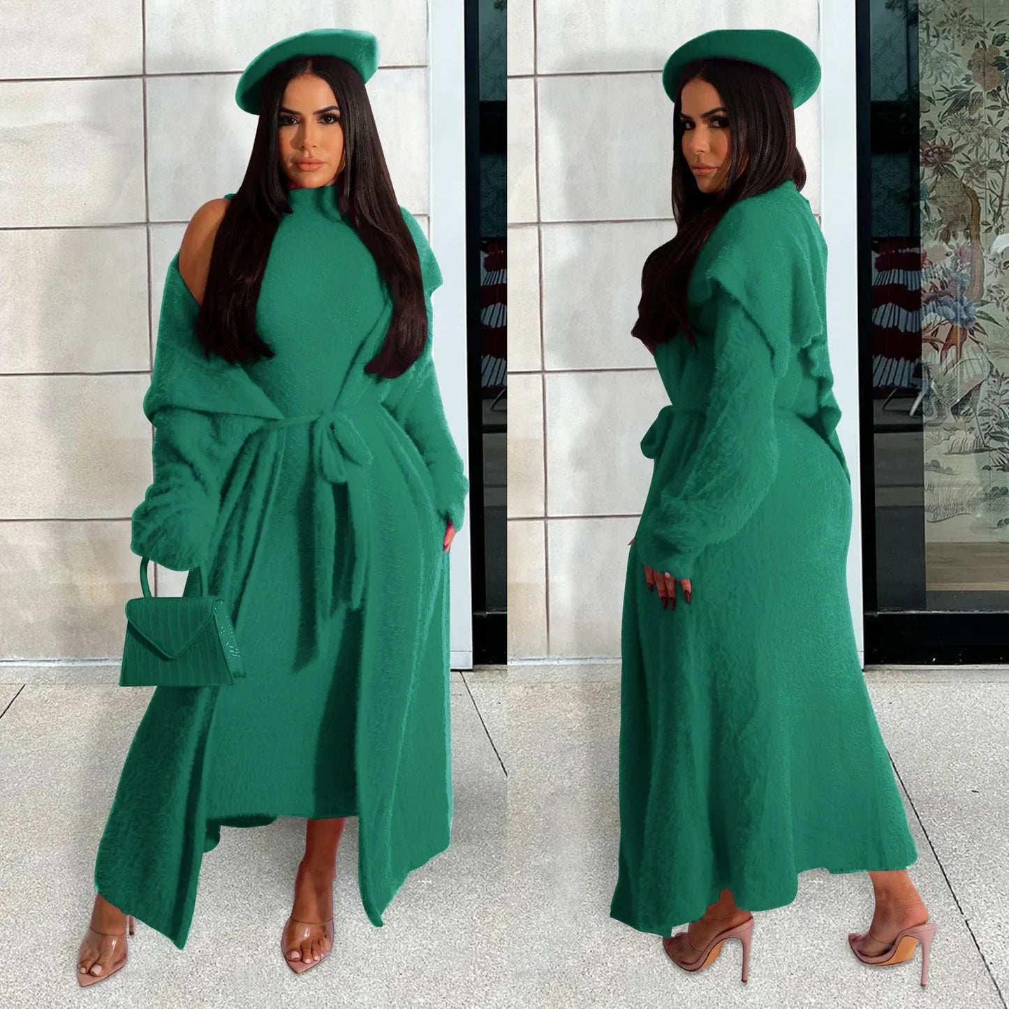 Maxy Women Dress Sets Two Piece Long Sleeve Round Neck Cardigan Solid Color Elastic Waist Casual Slim Fit Patchwork Autumn Belt