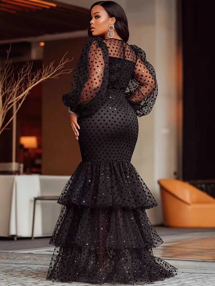 Maxy Sexy Dresses Woman Flocking Stacked Rushed Maxy Mermaid Dress Dot Mesh Puff Sleeve Long Black Party Dress Plus Size Chubby Dress