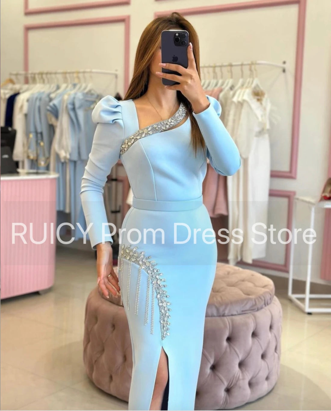 2025 Baby Blue Prom Dresses Long Sleeve Mermaid Crystal Slit Elegant Wedding Guest Party Dress gala Turkey Women Birthday Gown