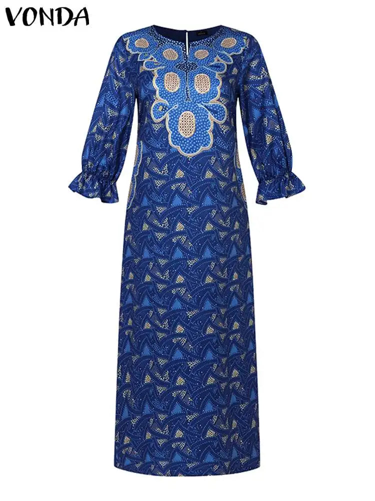 Maxy VONDA Women Long Dresses Bohemian Round Neck Puff Sleeve Vintage Dress Floral Printed Party Evening dress
