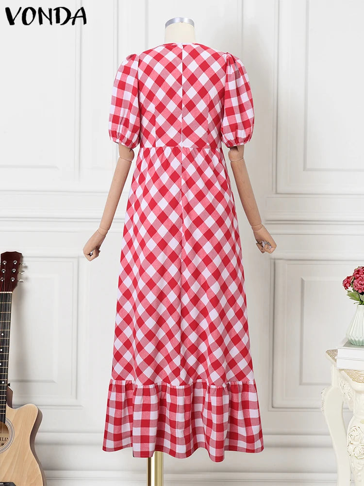 Maxy Plus Size Women Plaid Printing Dress Ruffled Summer Sundress Holiday Bohemian Puff Sleeve Vestidos Casual Party Robe