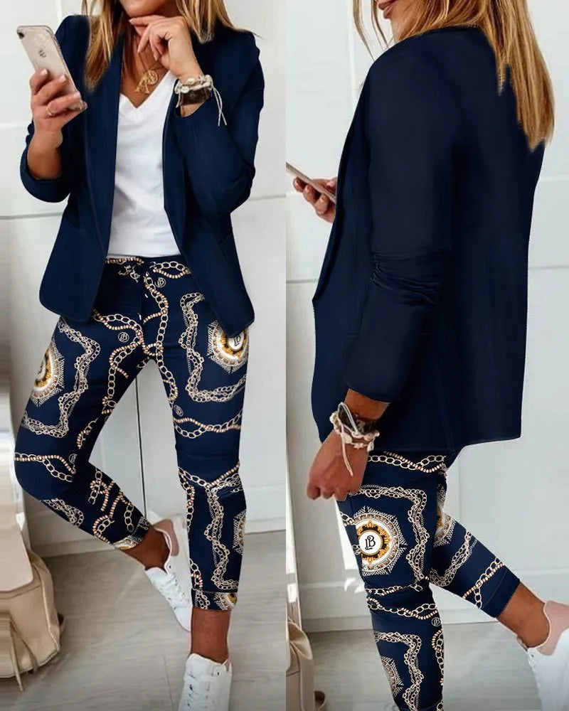 Maxy Spring Autumn Two Piece Sets Women Printted Elegant Blazer & Pants Set Outifits Fashion Tracksuits Casual Elegant Female Sets