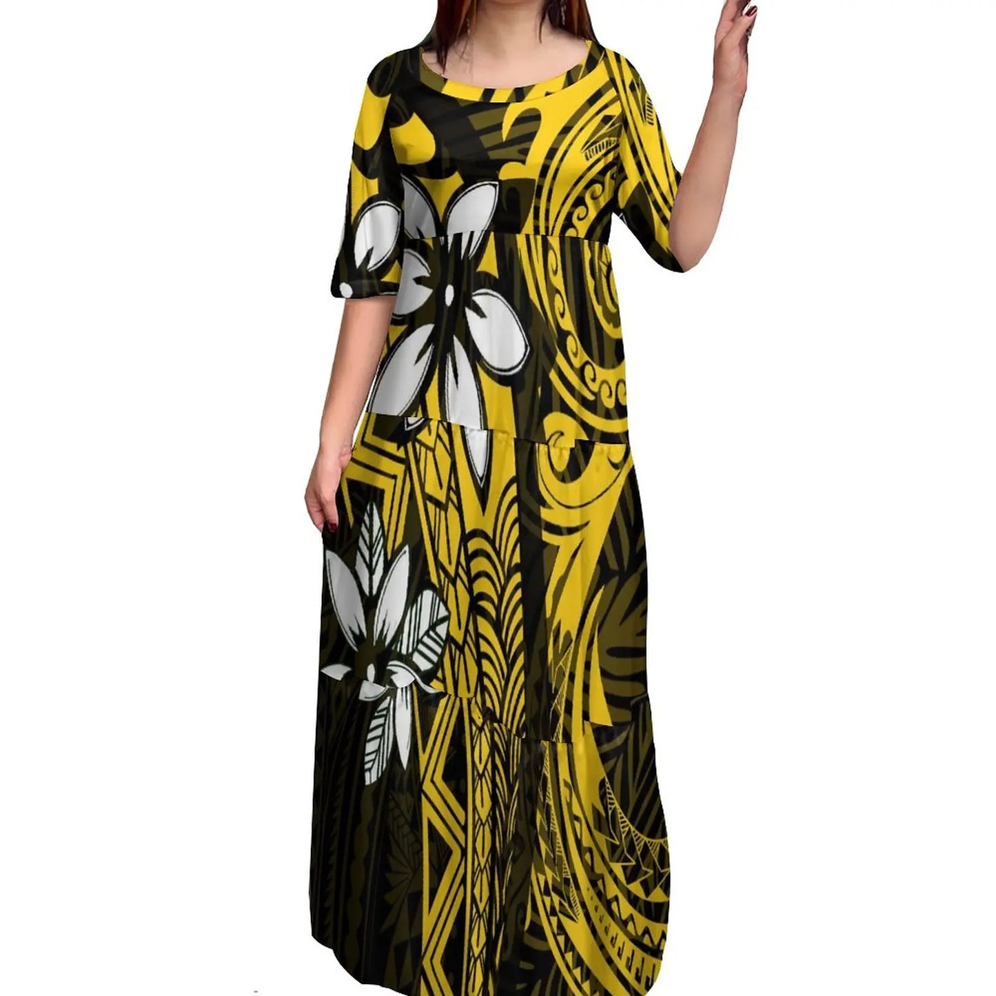 Maxy Customize Printed Logo Oem Dress Brown Polynesian Tribal Tattoo Dresses Ladies Flare Sleeve Round Neck Casual Mini Bodycon Dress