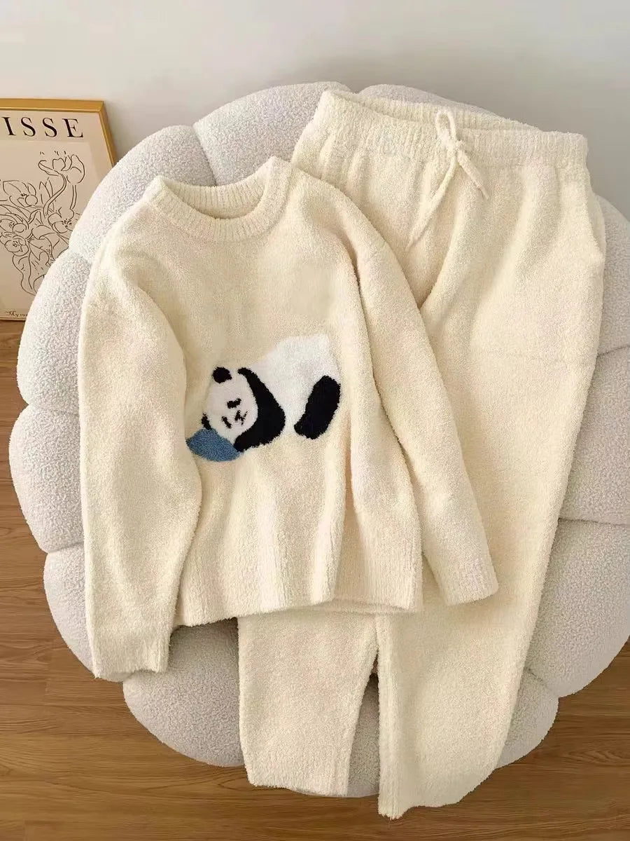 Maxy Winter Cute Panda Flannel Pamas Set Women Kawaiii Pattern Sleepwear For Girl Fashion Pullover Veet Woman's Pijamas