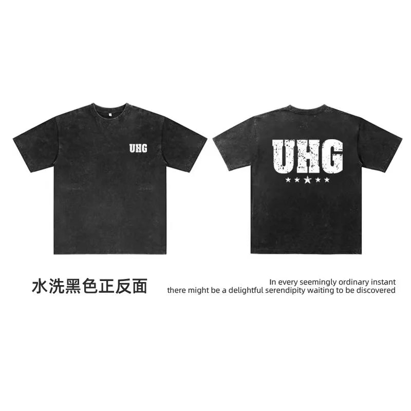 Maxy Hip Hop Women UHG Print Streetwear T-Shirt Retro Vintage Washed Men T Shirt Cotton Casual Short Sleeve Tshirt Tops