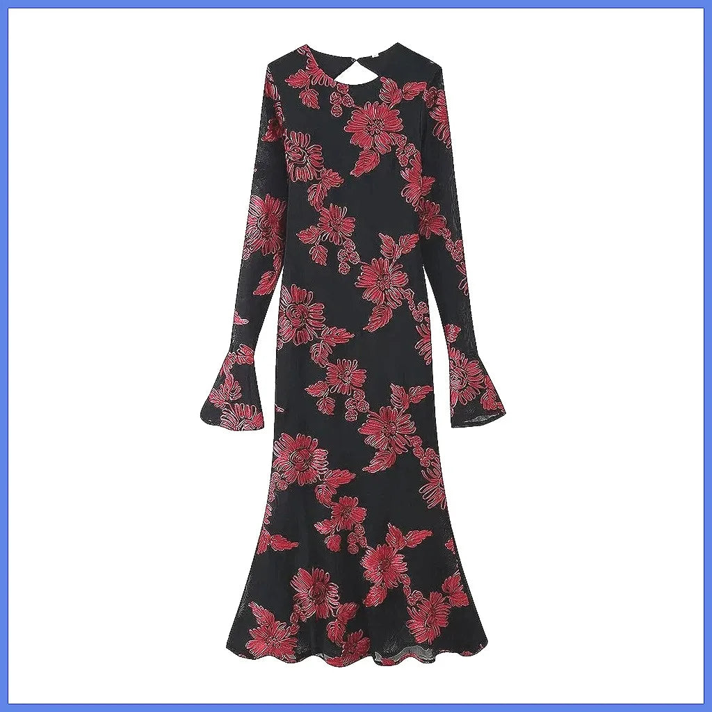 Elegant Backless Jacquard Evening Dress Long Sleeve Women's Party Gown