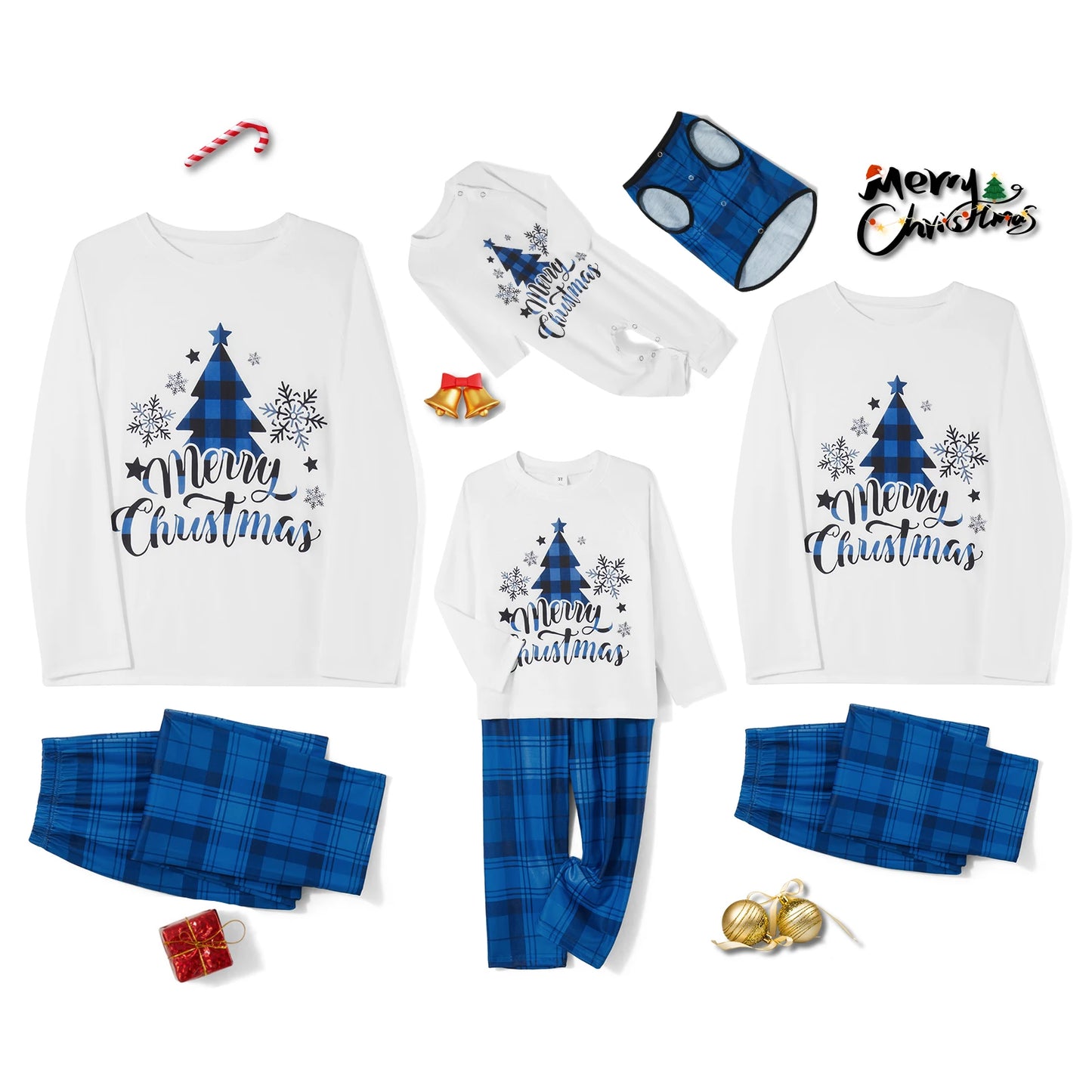 Family Matching Christmas Pajamas Christmas Tree Letter Print Long-Sleeved Tops + Plaid Trousers Sleepwear Outfits