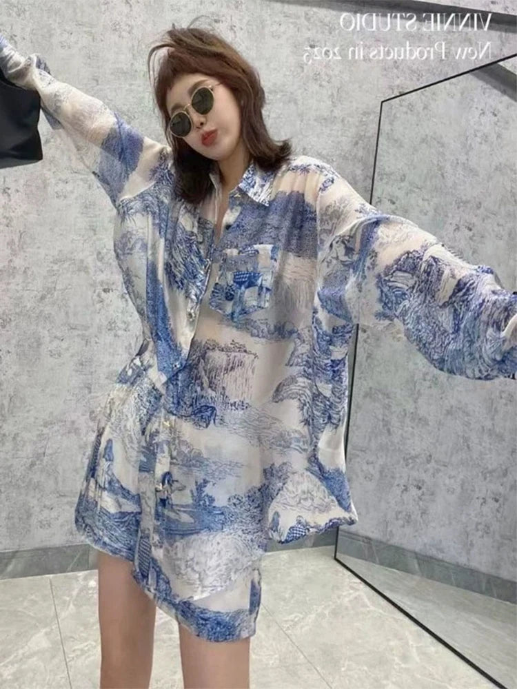 Maxy Spring Summer Thin Elastic Waist Shorts Suit Fashion Loose Lazy Two Piece Set Loose Shirts Print Casual Women Outfits