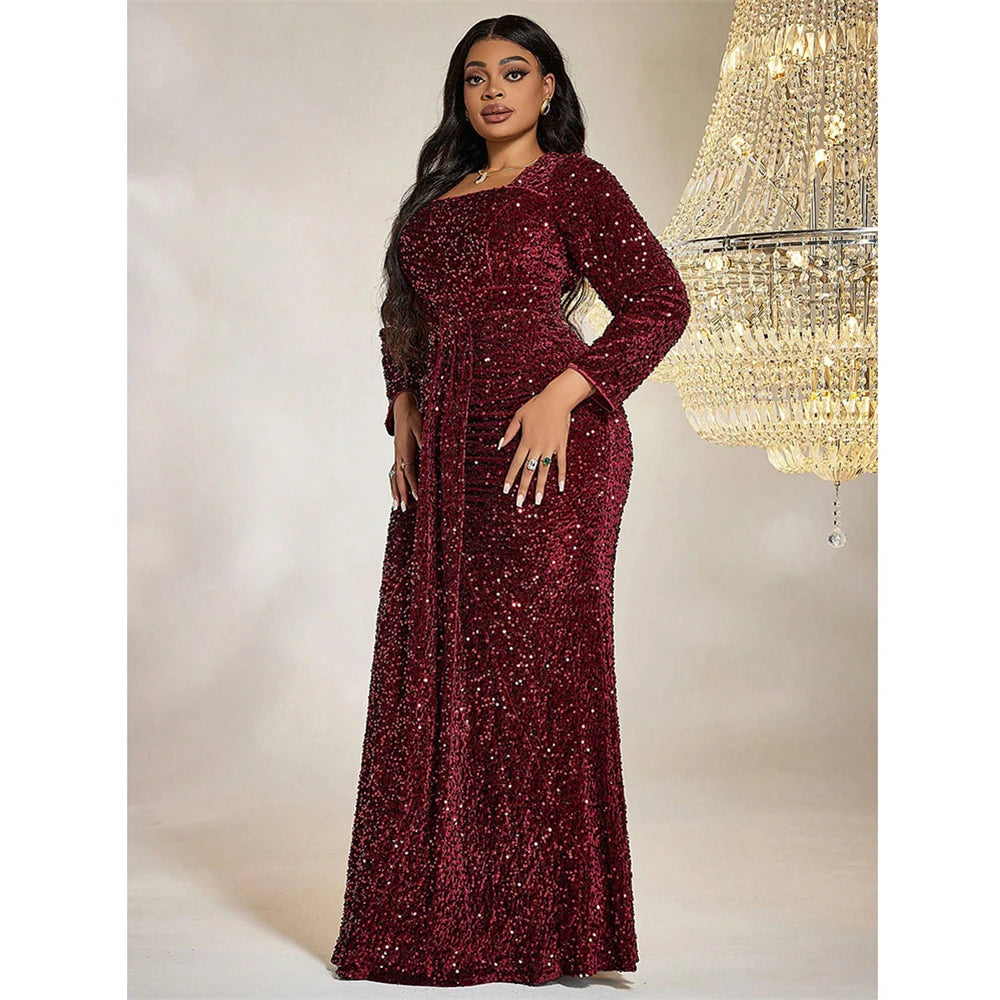 Maxy Plus Size Square Neck Sequin Luxury Extra Long Glitter Evening Gown Big Size Women Wedding Banquet Wine Red Sequin Evening Dress