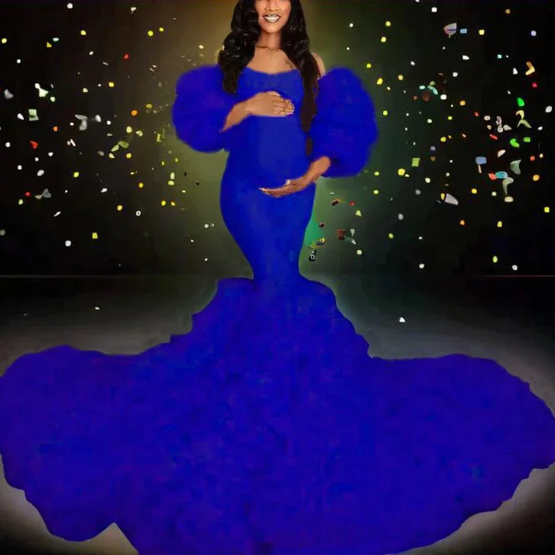 Maxy Hot Maternity Dresses Photoshoot Tulle Maxy Gown Baby Shower Ruffles