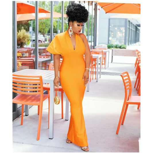 Visco Orange Prom Dresses for Black Girls Deep V Neck High Waist Women Maxi Long Wedding Guest Celebrity Evening Party Gowns