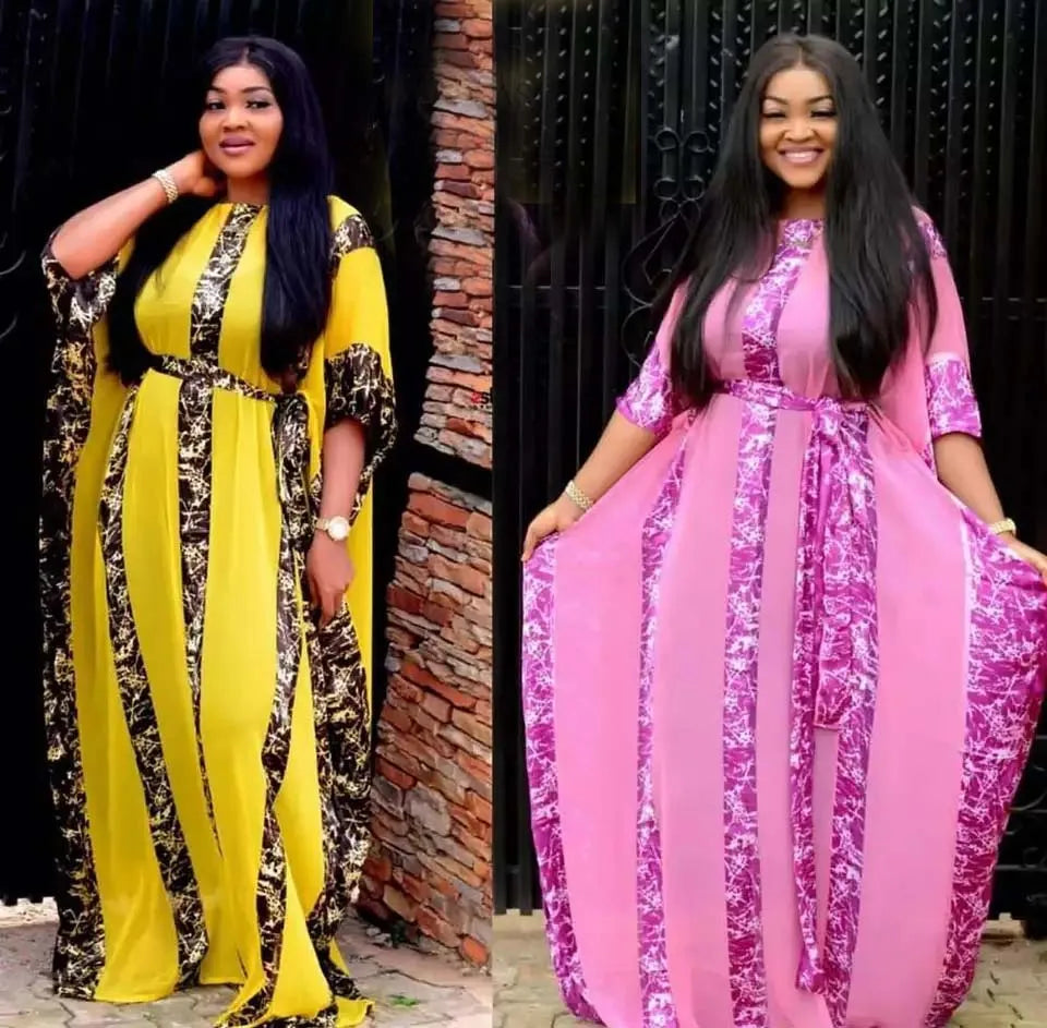 Maxy Abaya For Women Muslim Chiffon Printed   Bat-Sleeve Stripe Long Dresses With Belt Summer Gorgeous Dashiki  Dress