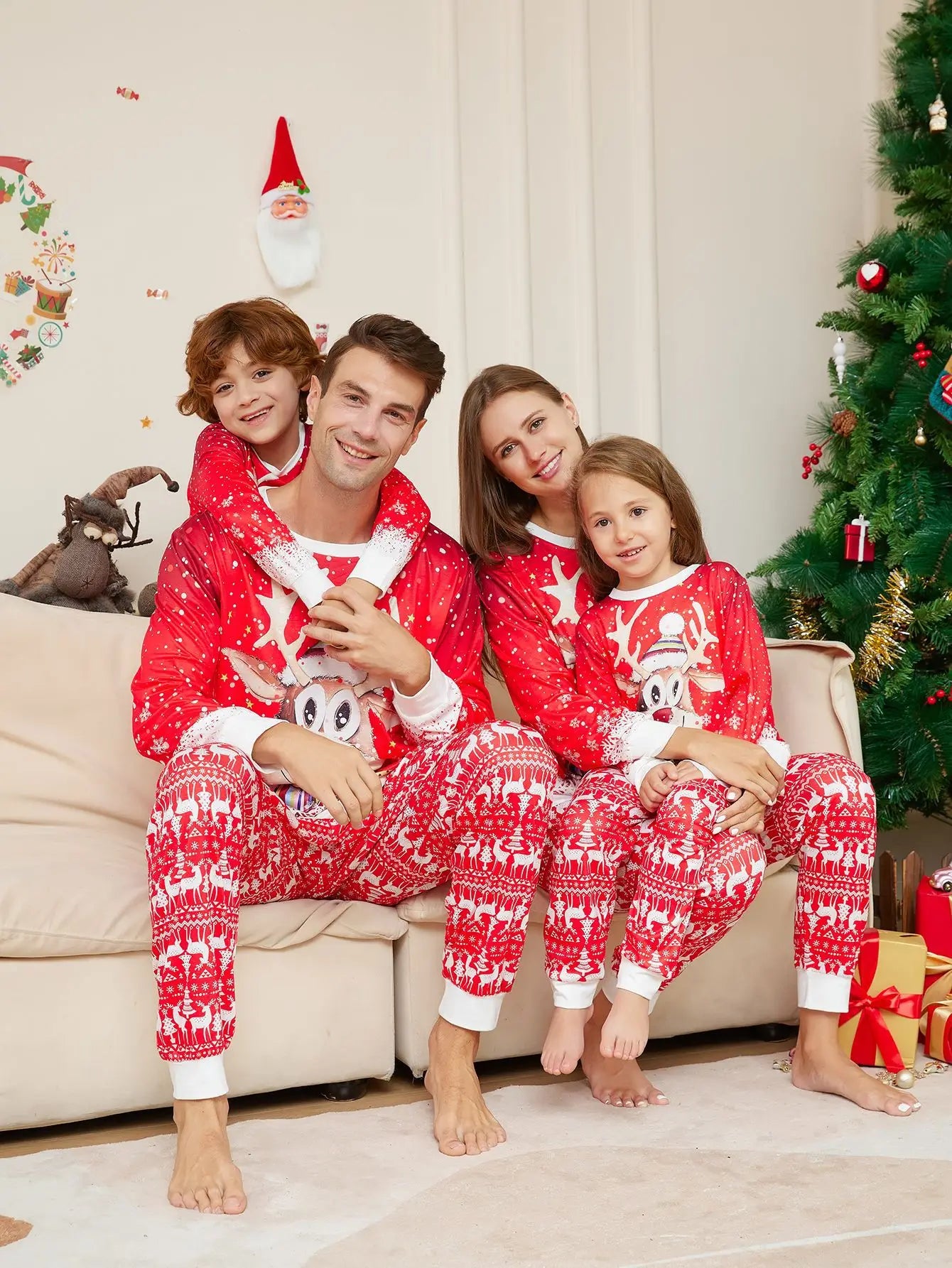 Maxy Christmas Pajamas Family Set Cartoon Deer Printed Red White Long Sleeve Family Matching Christmas Pajamas Pjs Set