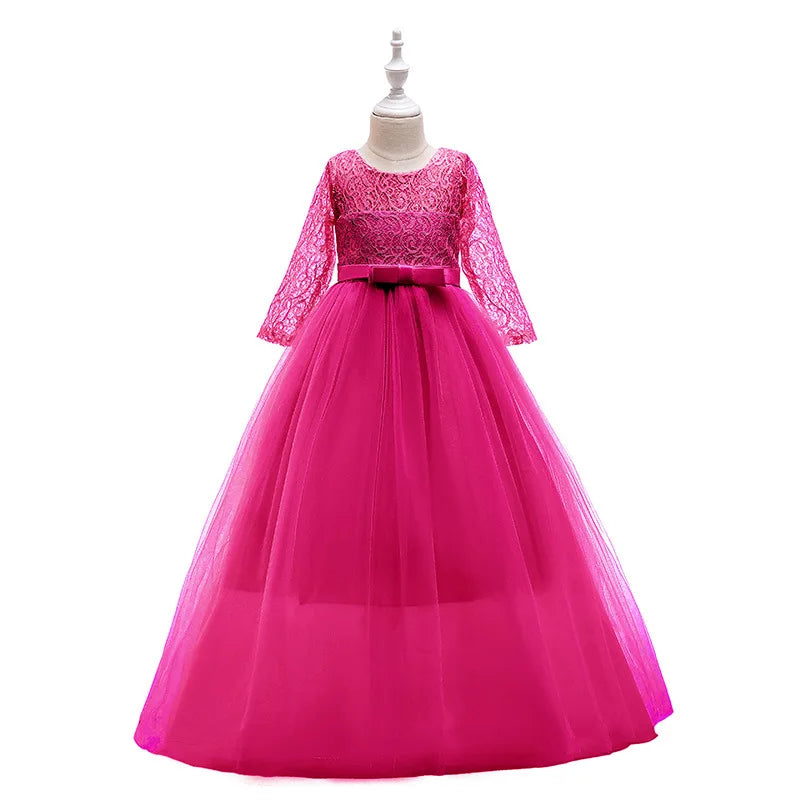 Maxy Girls Lace Embroidered Bow Princess Dress Long Sleeve Tulle Gown For Toddler First Communion Bridesmaid Wedding Birthday Party