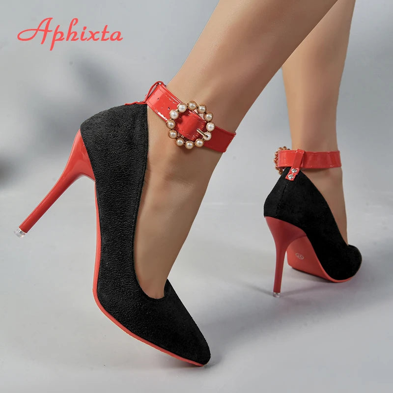 Amay Apheta Round Pearl Metal Belt Buckle 10cm Stiletto Heels Flock Pumps Women Banquet Shoes Strap Pimp Pointed Toe Big Size 35-50