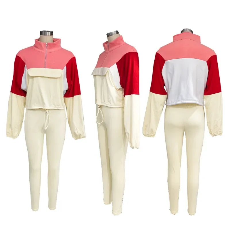 Maxy Sporty Casual Two Piece Set for Women Sweatsuit Fall Winter Patchwork Sweatshirt Top and Pants Running Tracksuit Joggings Femme