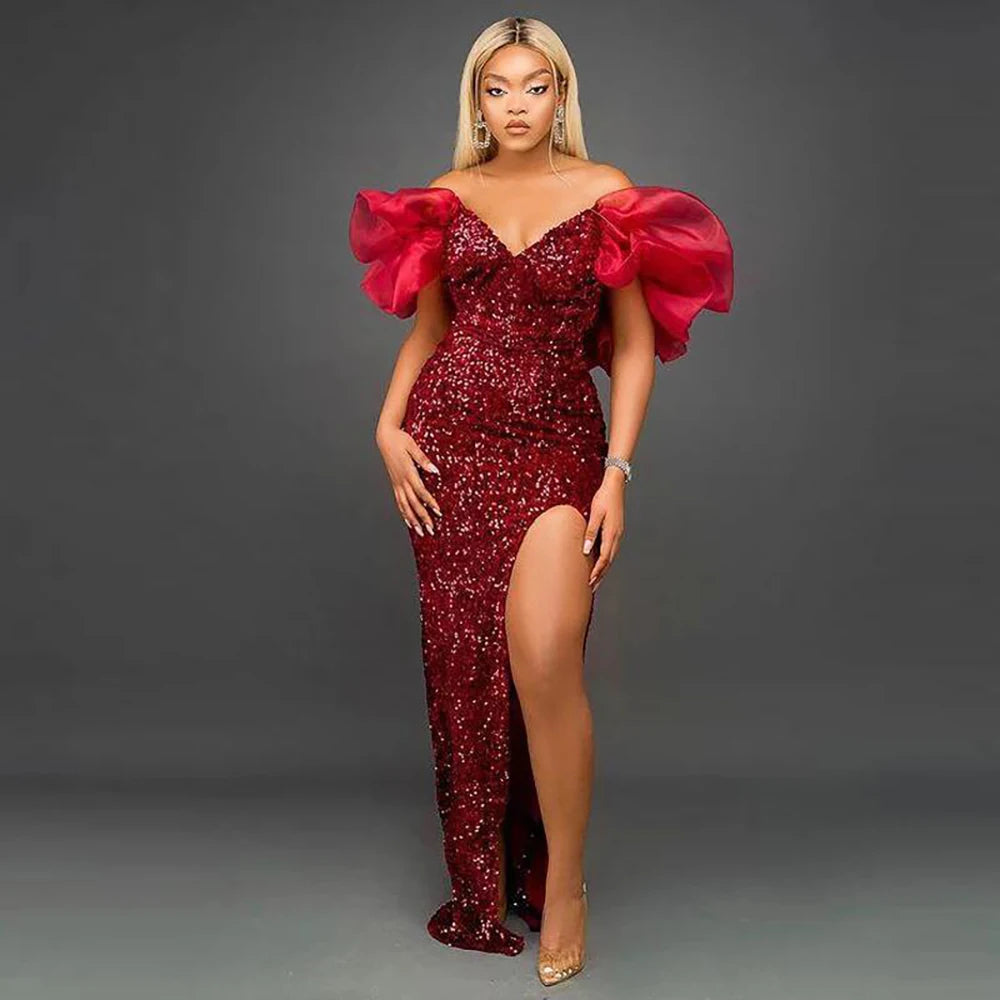 Babs Shiny Sequined Mermaid Evening Dresses New Fashion Off The Shoulder Slit African Side Split Party Gowns Plus Size