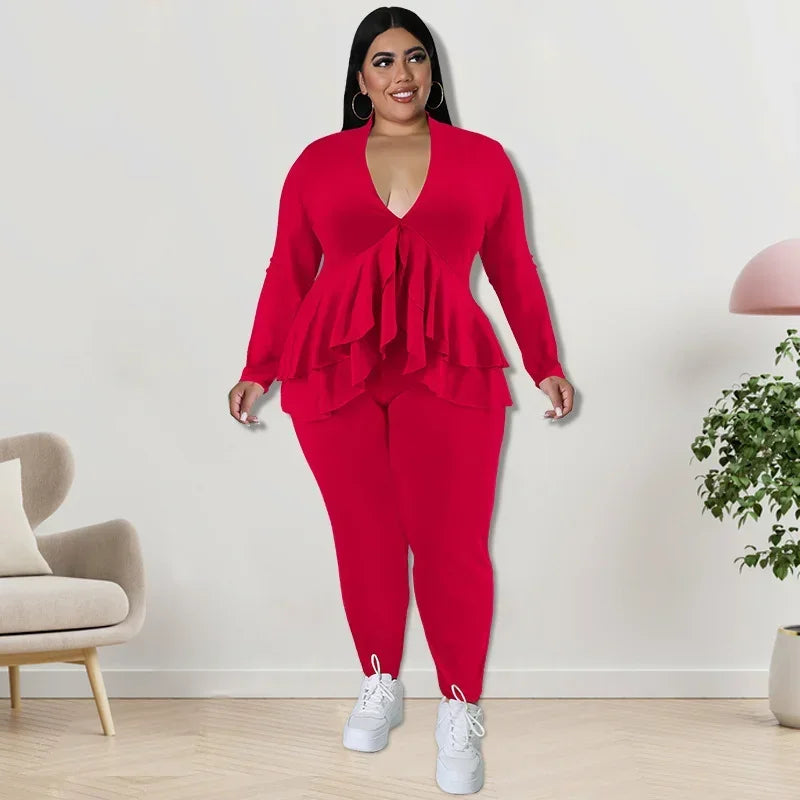 Amay Plus Size Women Set Fashion Ladies Ruffles Hem V-neck T-shirt and Legging Pants Suit Spring Female Two 2 Piece Set Outfit