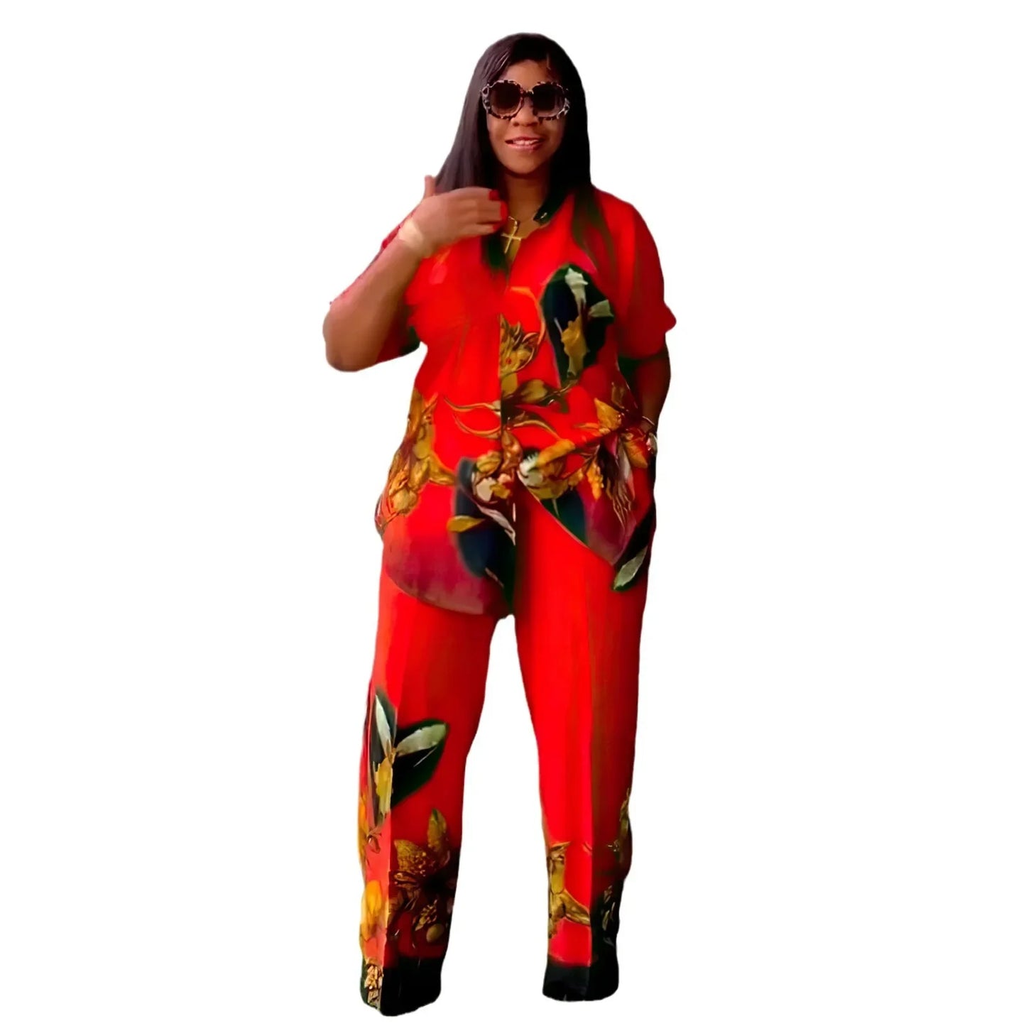 Maxy African Print Matching Sets for Women Satin Tops Pants Summer Blouse Trousers Suit Africa Clothing