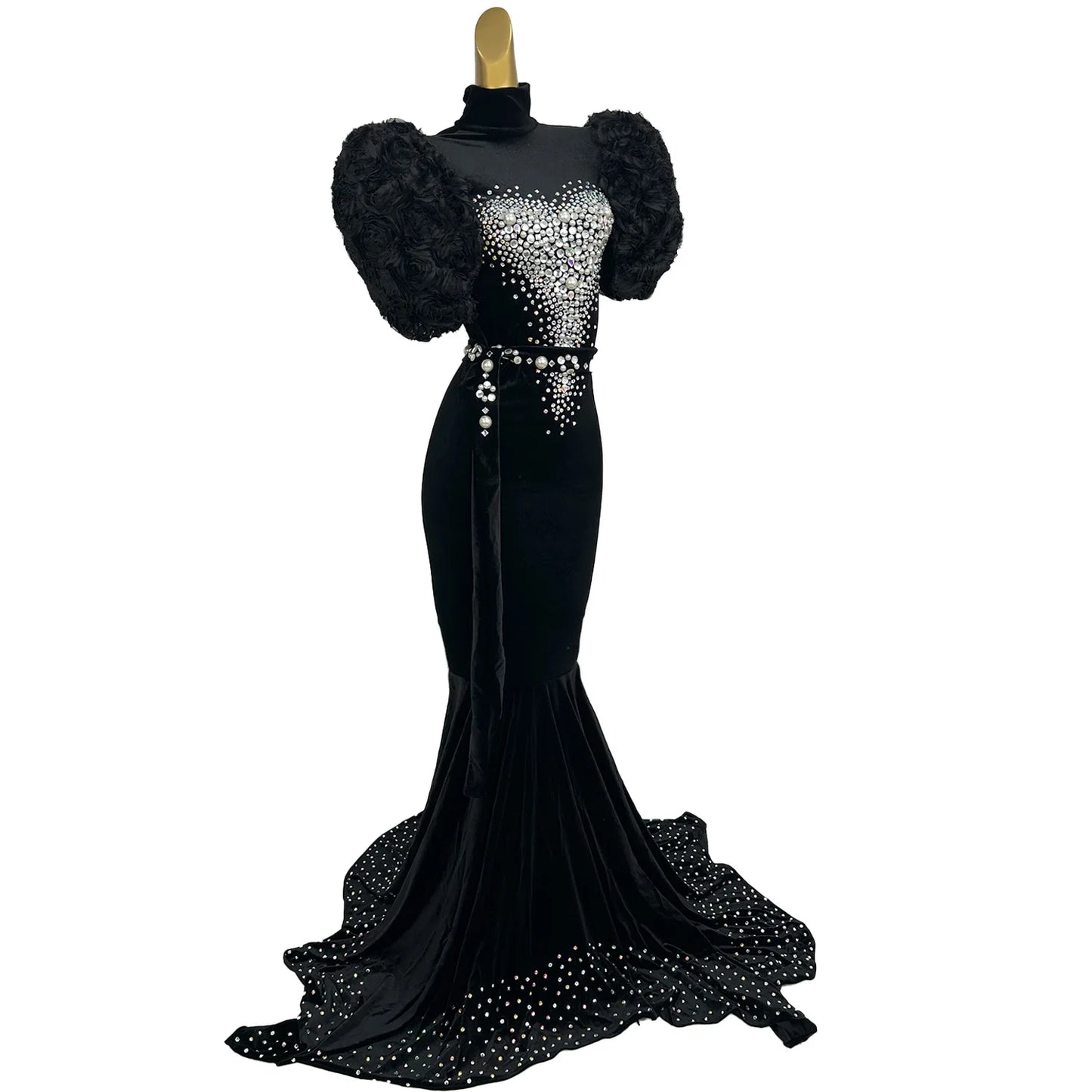 Maxy Women Velvet Backless Evening Dress Sparkling Rhinestone Pearls High-end Floor-length Dress Birthday Party Queen Couture Sirong