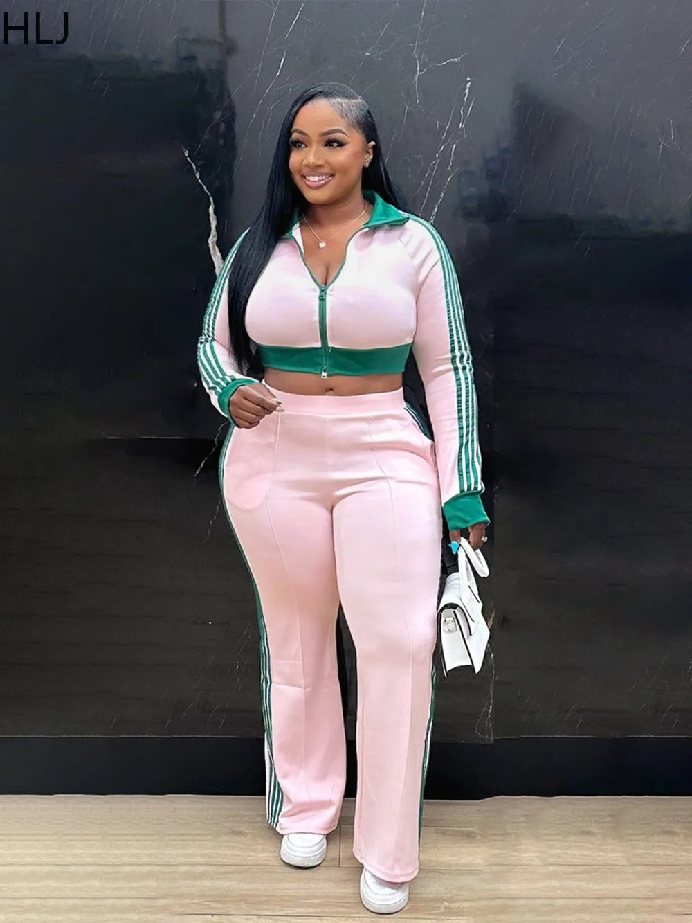 Maxy HLJ Autumn New Patchwork Sporty Two Piece Sets Women Zipper Long Sleeve Crop Top And Pants Outfits Fashion Stripe 2pcs Tracksuit