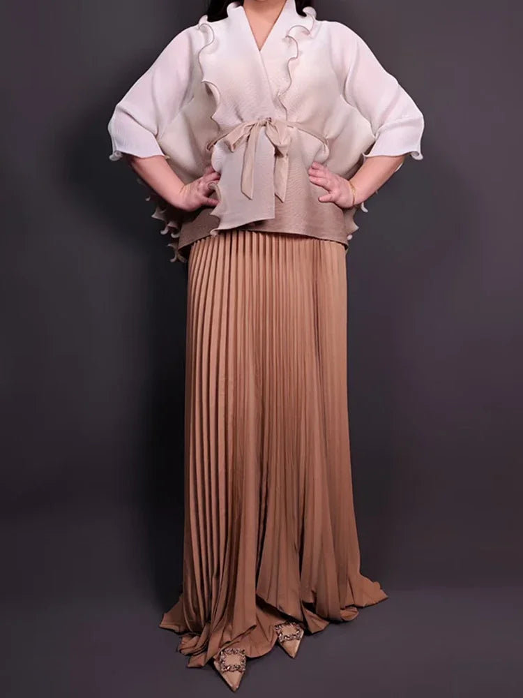 Amay Gradient Pleated Fashion 2 Piece Sets Belt Waist Batwing Sleeves Ruffles Tops A-line Long Dresses Elegant Party Set 32R1391