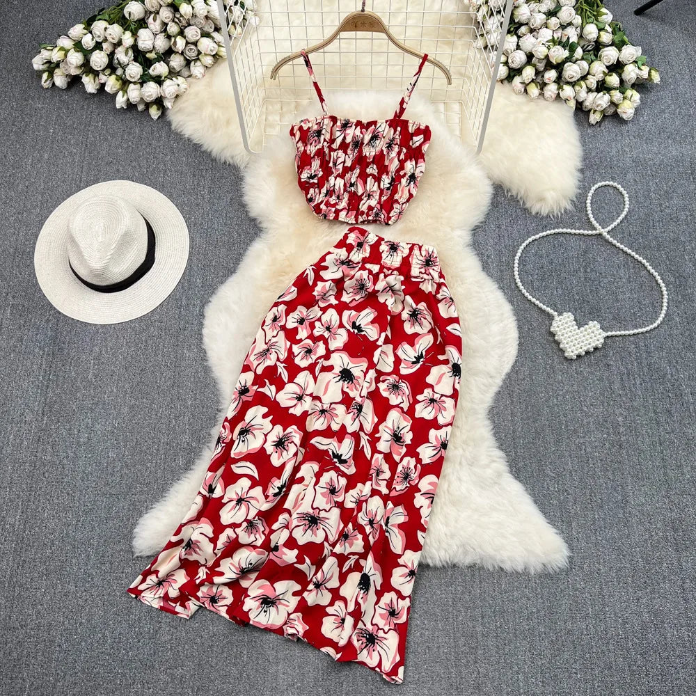 Maxy Summer Floral Print Two Pieces Set Women Fashion Elegant Casual Fold Sleeveless Tops And Long Skirt Sexy Slim 2 Piece Sets