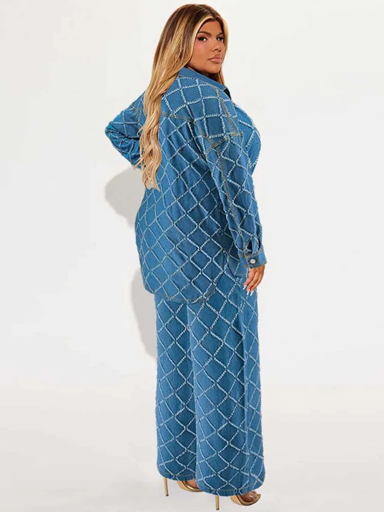 Maxy 2 Piece Set Women Jeans and Jacket Winter Casual Outfits Long Sleeve Denim Plaid Coat and Pants Sets Plus Size Clothes