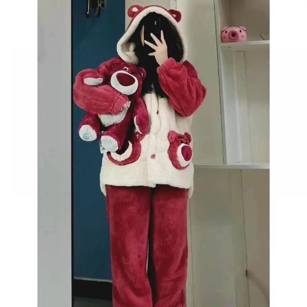 Miniso New Lotso Coral Velvet Girls Coral Velvet Hooded Pajamas Autumn and Winter Thickened Warm Cozy Pajama Set Christmas Gift