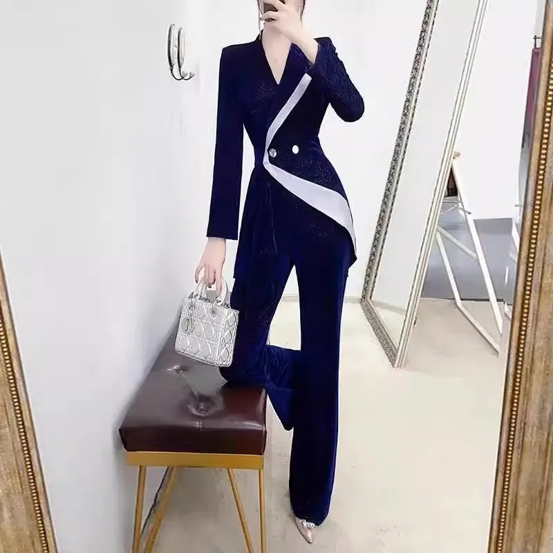 Maxy Blue Golden Velvet Suit Set Women 2024 New Spring Autumn Season High End Temperament Casual Small Blazer Foreigner Pants Career