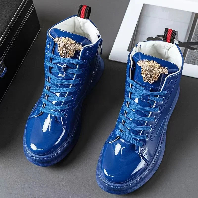 Amay Fashion Y2K boots for men shine leather metal decoration high top boot luxury shoes hairdresser Casual Male sneakers Botines