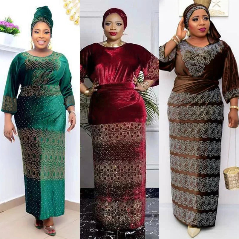 Maxy Plus Size Velvet Dress African Clothes for Women 3 Pieces Set Top Skirt with Head tie Ladies Long Party Dresses Robe