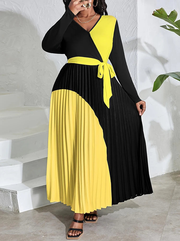 Maxy Plus Size Pleated A Line Dress for Women Spring Long Sleeve Midi Dresses Female Elegant Contrast Patchwork Dress Lady