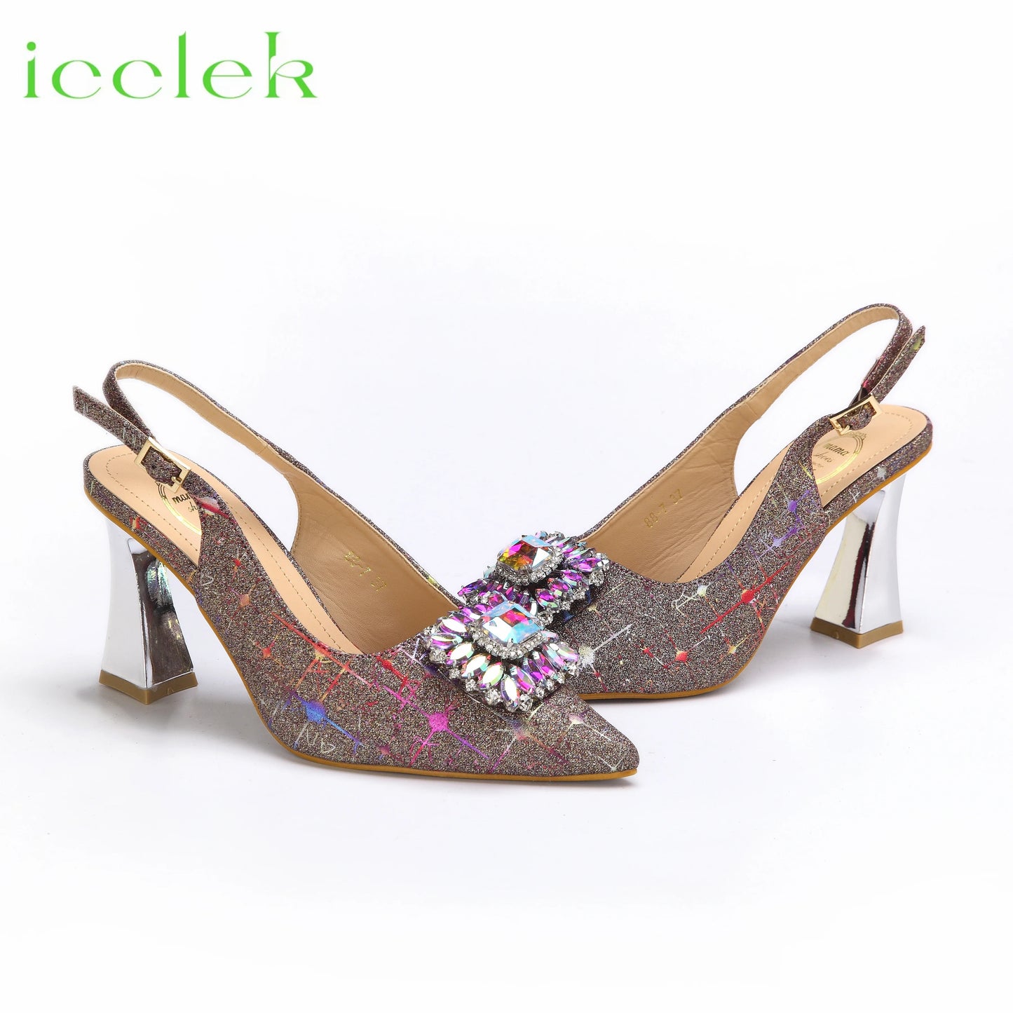 Max Women High Heels Sandals Shinning Material with Rhinestone Design Colorful Pointed Toe Shoes and Bags Set