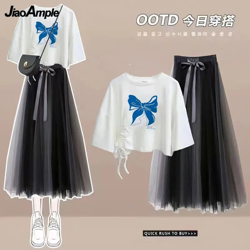 Maxy Summer New Korean Elegant Cute Short Sleeved T-shirt+Mesh Midi Skirt Two Piece Suit Women's Loose Top Dress Matching Set