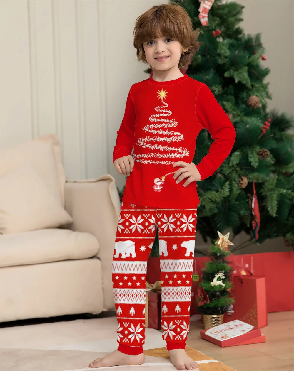 Gaxy 2024 Europe and the United States Christmas matching home clothing printed pajamas Christmas family crew-neck long-sleeved suit