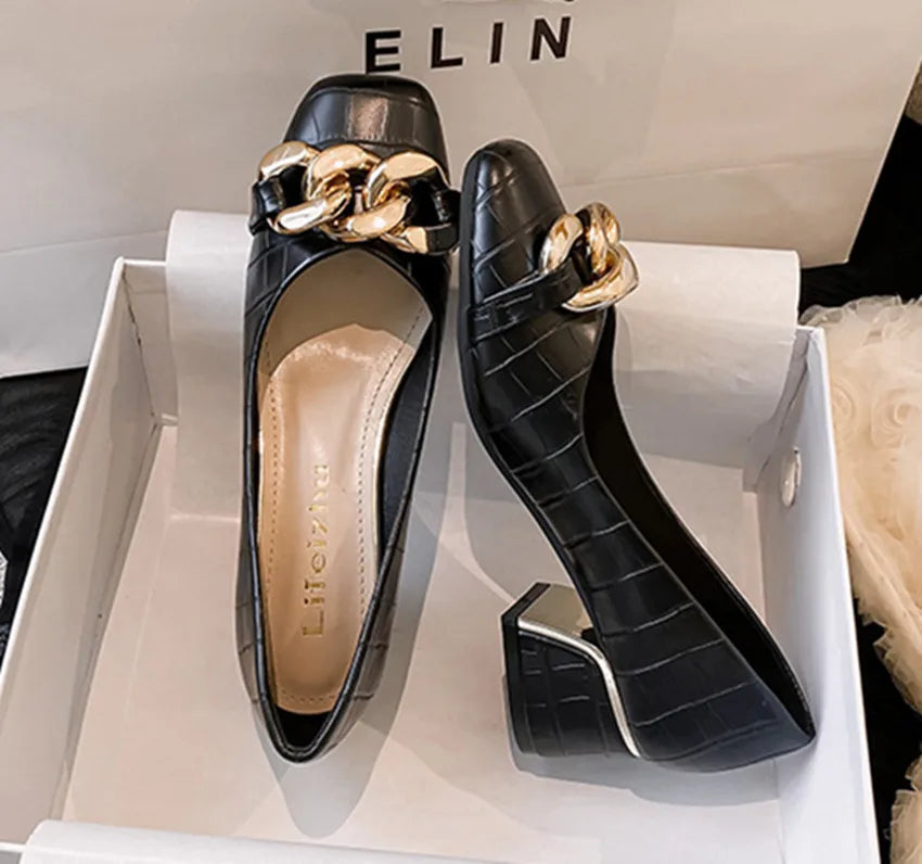 Amay New Women Med Heel Square Toe Pumps Office Lady Shoes Big Gold Metal Chain Soft Soles Slip on Leahter Shoes