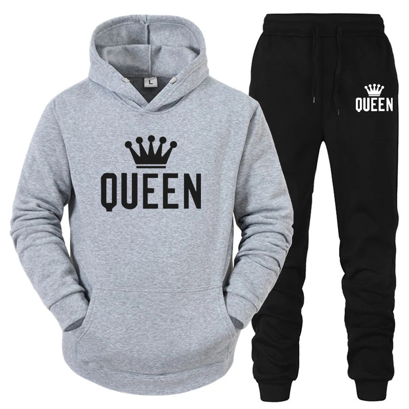 Maxy Hot Sale Couple Fashion Tracksuit King Queen Hoodies and Sweatpants High Quality Men Women Daily Casual Sports Jogging Suit