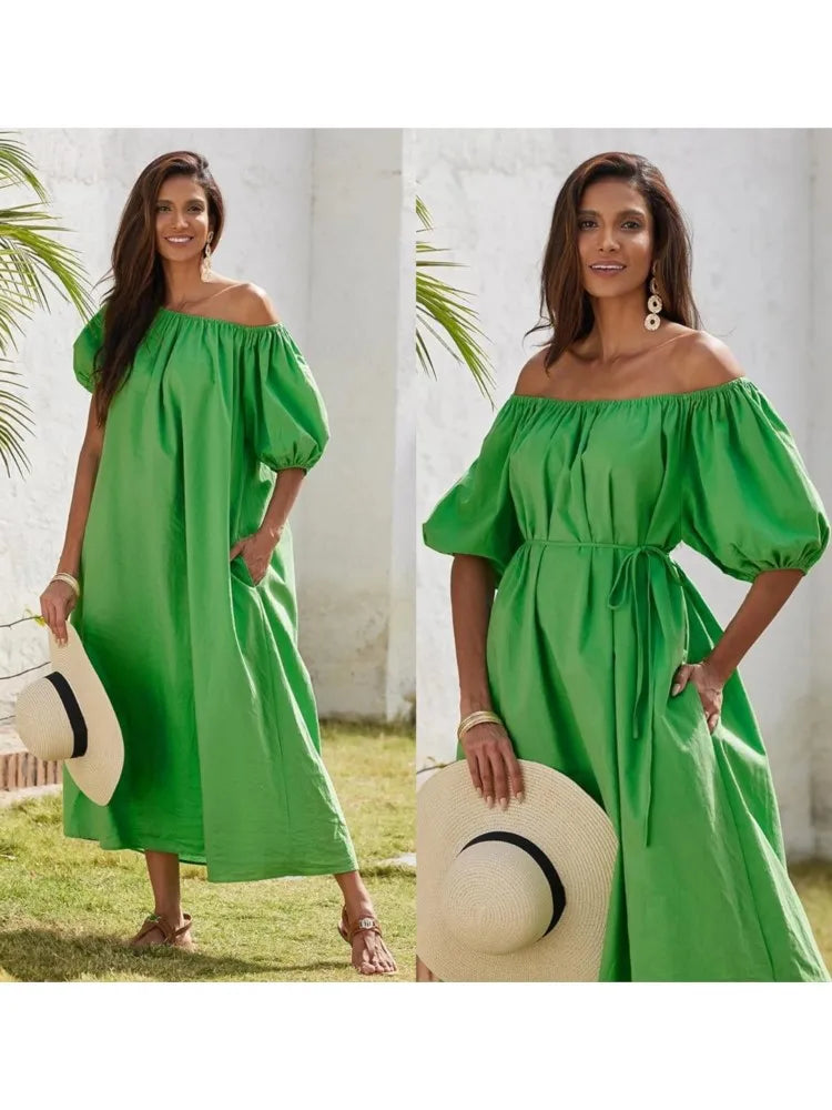 Maxy New Dress Casual Puff Sleeves Slant Shoulder Elegant Dress Fashion Green Loose Office Holiday Beach Party Dresses Robe Femme