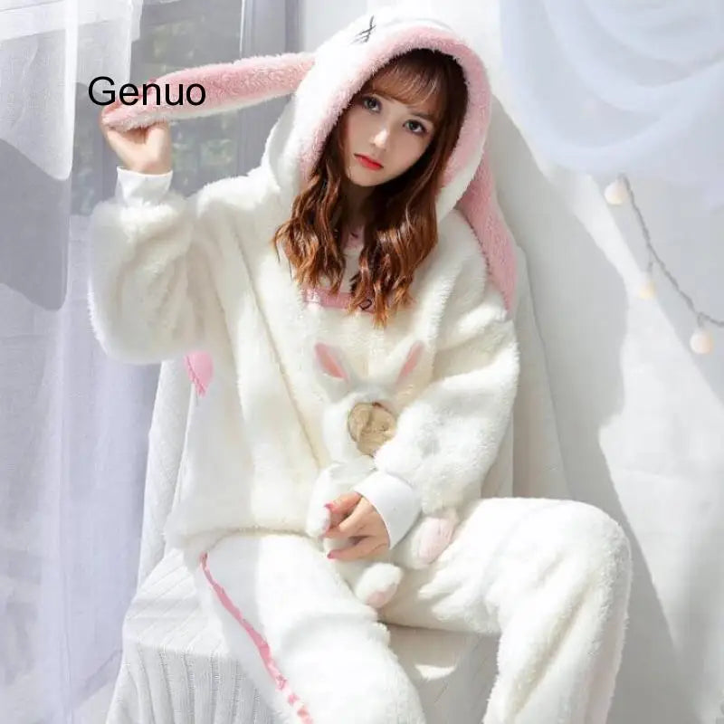 Winter Thick Warm Flannel Pajamas Sets For Women Sleepwear Pajama Homewear Pyjamas Set Cartoon Cute Warm Hooded Rabbit Gowns