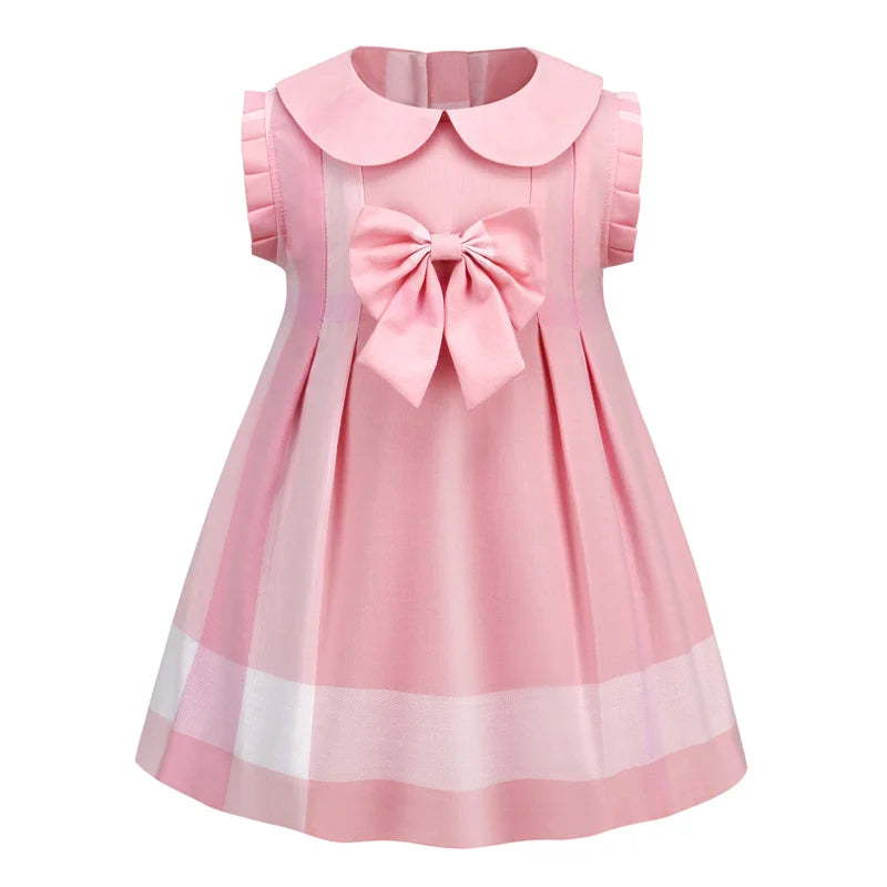 Maxy 2024 Summer New Dress Children's Sleeveless Cute Bow A-line Skirt Girls Princess Plaid Cotton Cothes Baby Kids Fashion Clothing