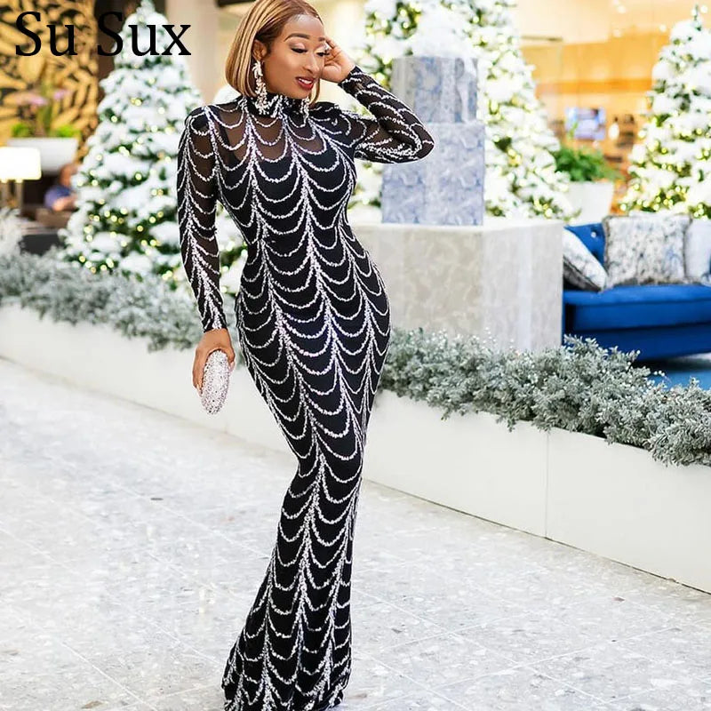 Maxy Sequins Party Dress Bandage Bodycon Maxy Robe Stand Collar Lone Sleeve Zipper Perspective Fishtail Long Dress African Clothes