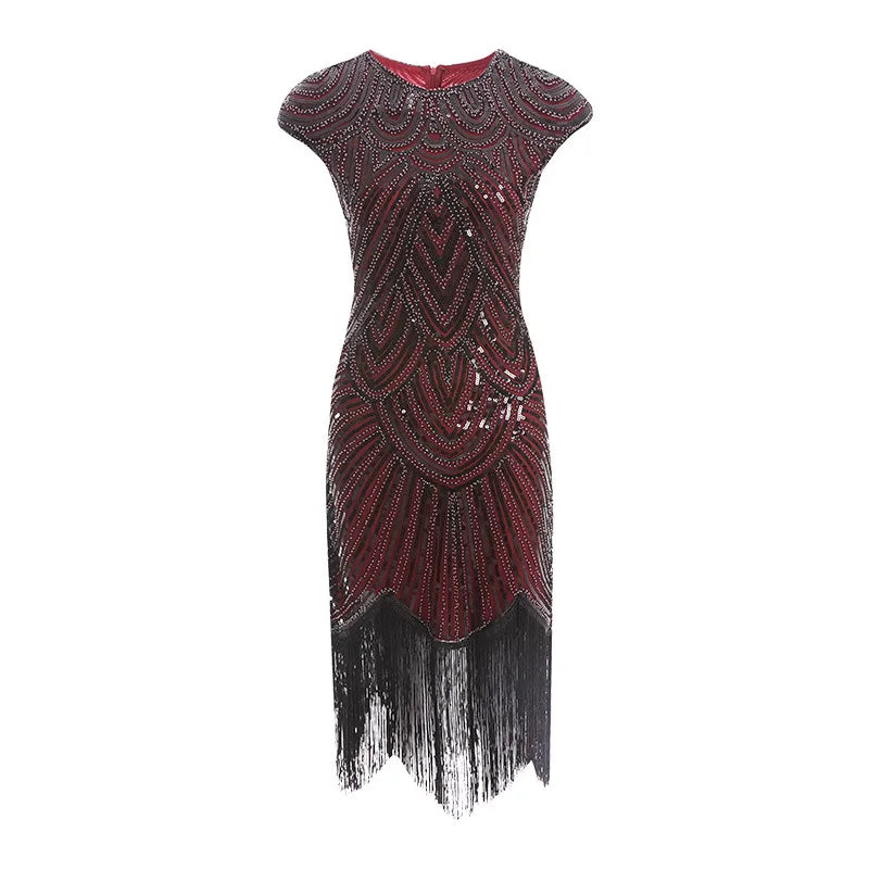 Maxy Vintage Glitter Evening Party Dress For Women Sequin Bead Embroidery Tassel Prom Gown Gala Dress Summer Art Deco Retro Black