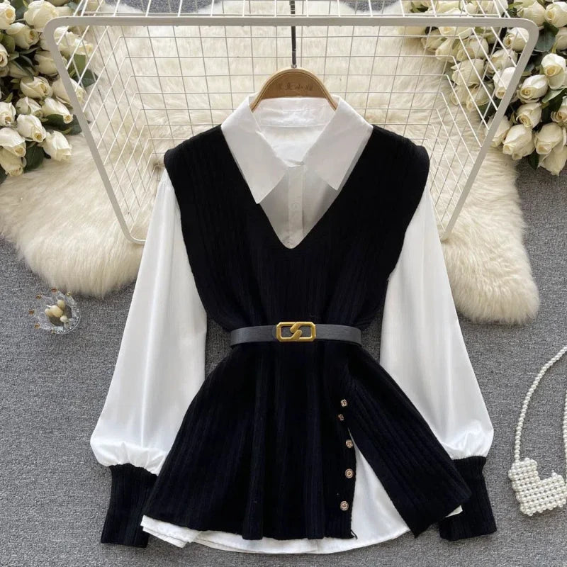 Maxy Knitted Vest Women's Two-piece Autumn Outfit New Solid All-match Youth Elegant Vest Two-piece Set Temperament Elegant Clothing