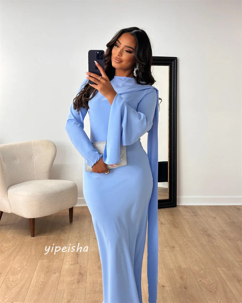 Maxy Customized Prom Gown Jersey Draped Ruffles Pleat Cocktail Party A-line O-Neck Exquisite High Quality Occasion Long Dresses Women