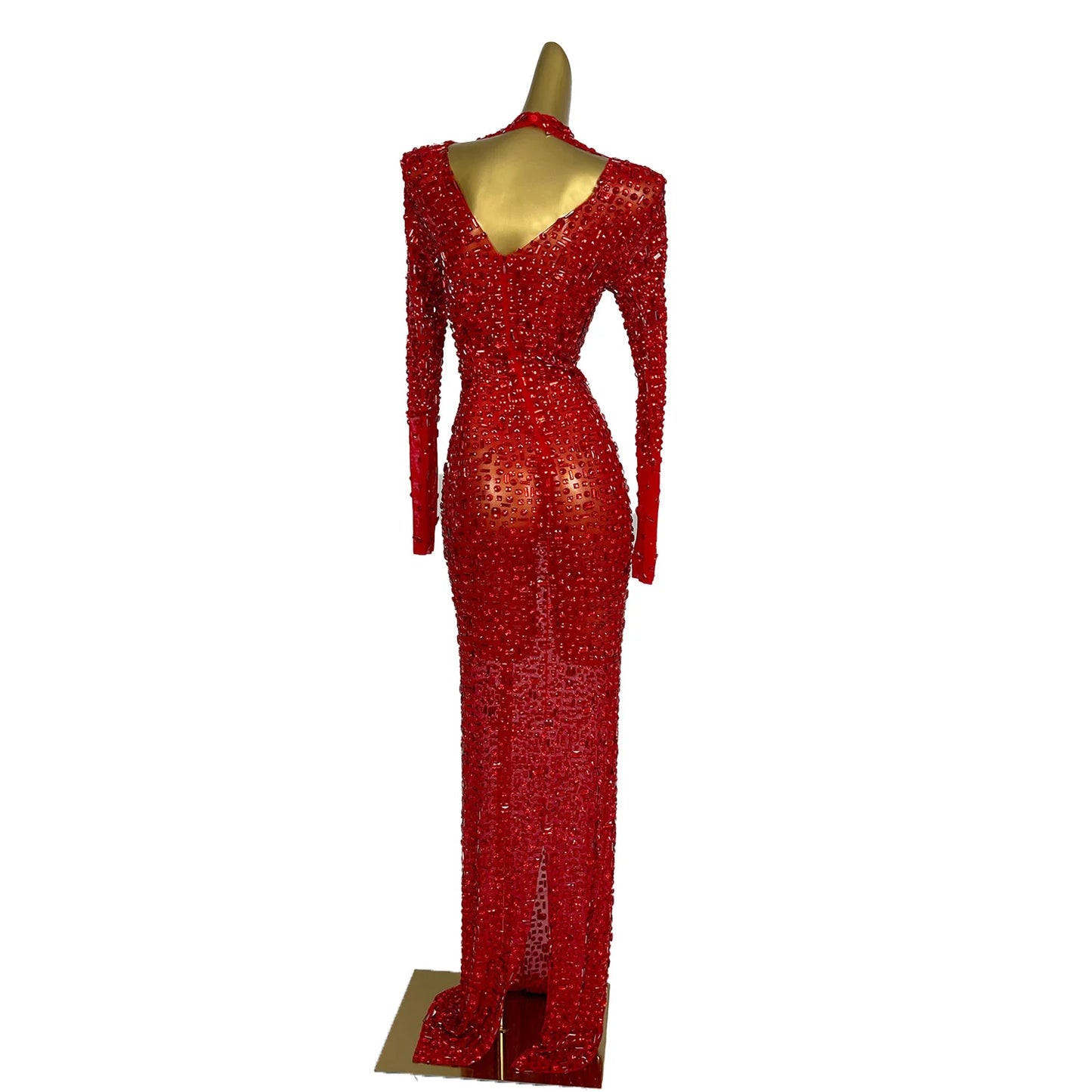 Maxy Red Diamonds Dress See Through Long Sleeve Evening Dress Festival Clothing Rhinestone Prom Gowns  Special Occasion Dress Gesebei
