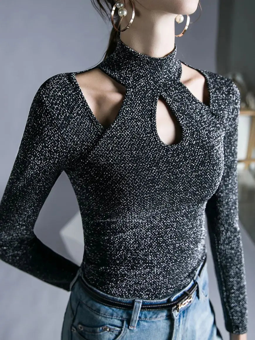 Amay Spring Autumn Long Sleeve Shinning T Shirts Women Hollow Out Stand Collar Tee Shirt Lady High Stretch Slim Top