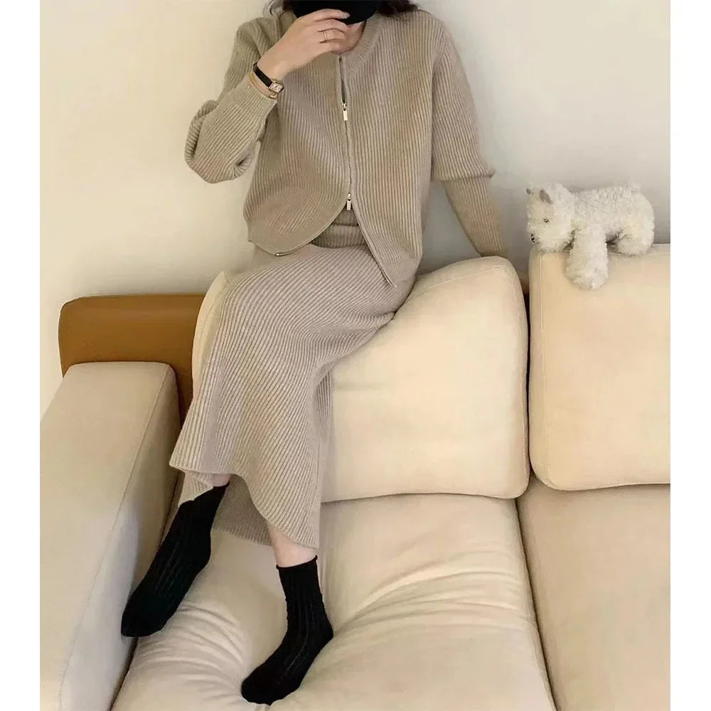 Amay Fashionable Women's Double Zipper Woolen Dress Two-piece Set Casual Loose Autumn and Winter New Half Skirt Knitted Cardigan