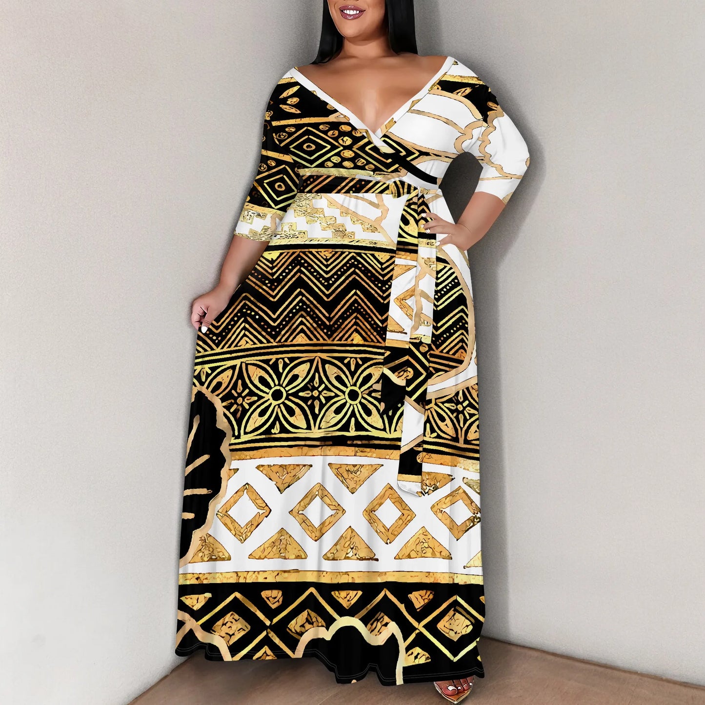 Maxy Plus Size for Women Summer Casual Floral Printing V Neck 3/4 Sleeve Maxy Floor Dress Lace Up Beach Sundress