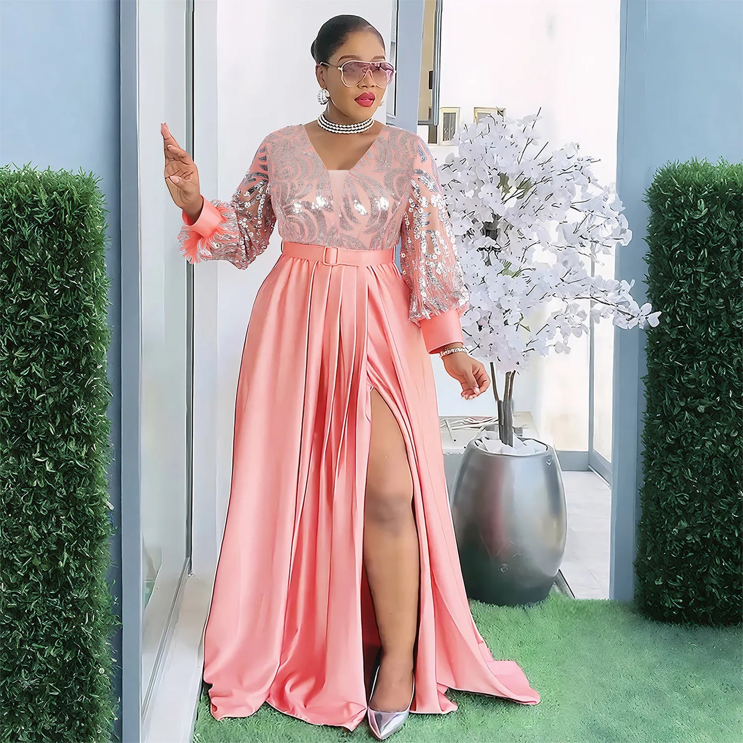 Maxy Plus Size Sequin Dresses for Women Elegant Evening Wedding Party Gown Dashiki Ankara Clothing Kaftan Abaya Robe